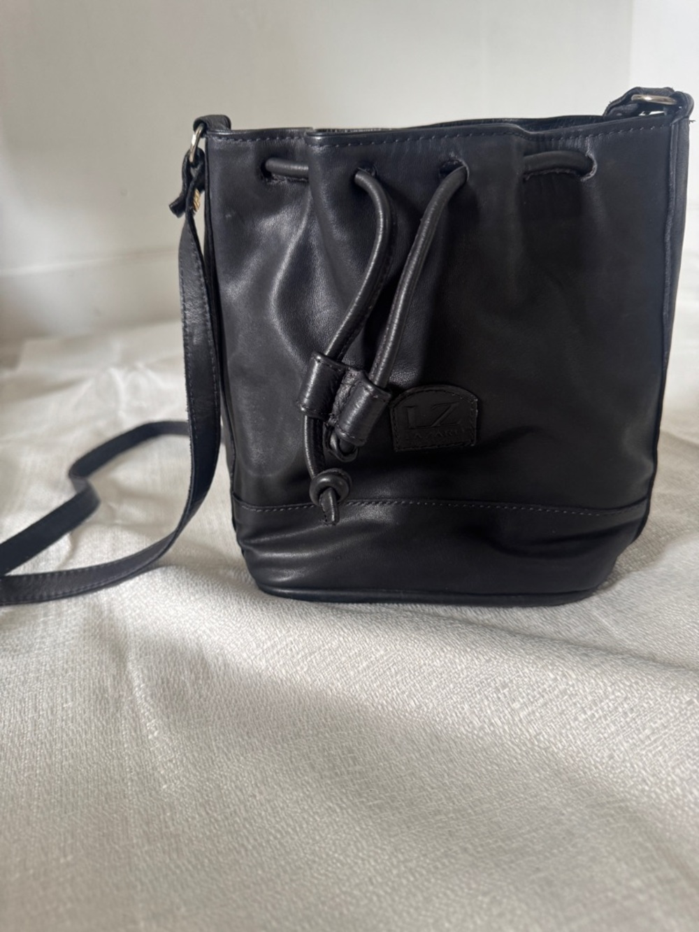 La Zaro Black Leather Drawstring Bucket Bag Crossbody Minimalist Vintage